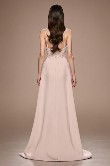 Champagne A Line Satin Ruched Maxi Formal Dress with Slit